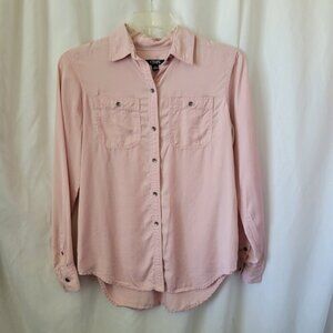 Chaps Pink Blouse Button Front long sleeves Lyocell pockets Medium Flowy EUC
